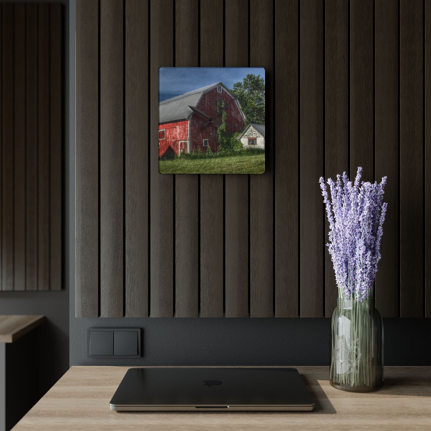 U R There Photography Stanley Road Red in Summer I Rustic Farmhouse Acrylic Analog Wall Clock
