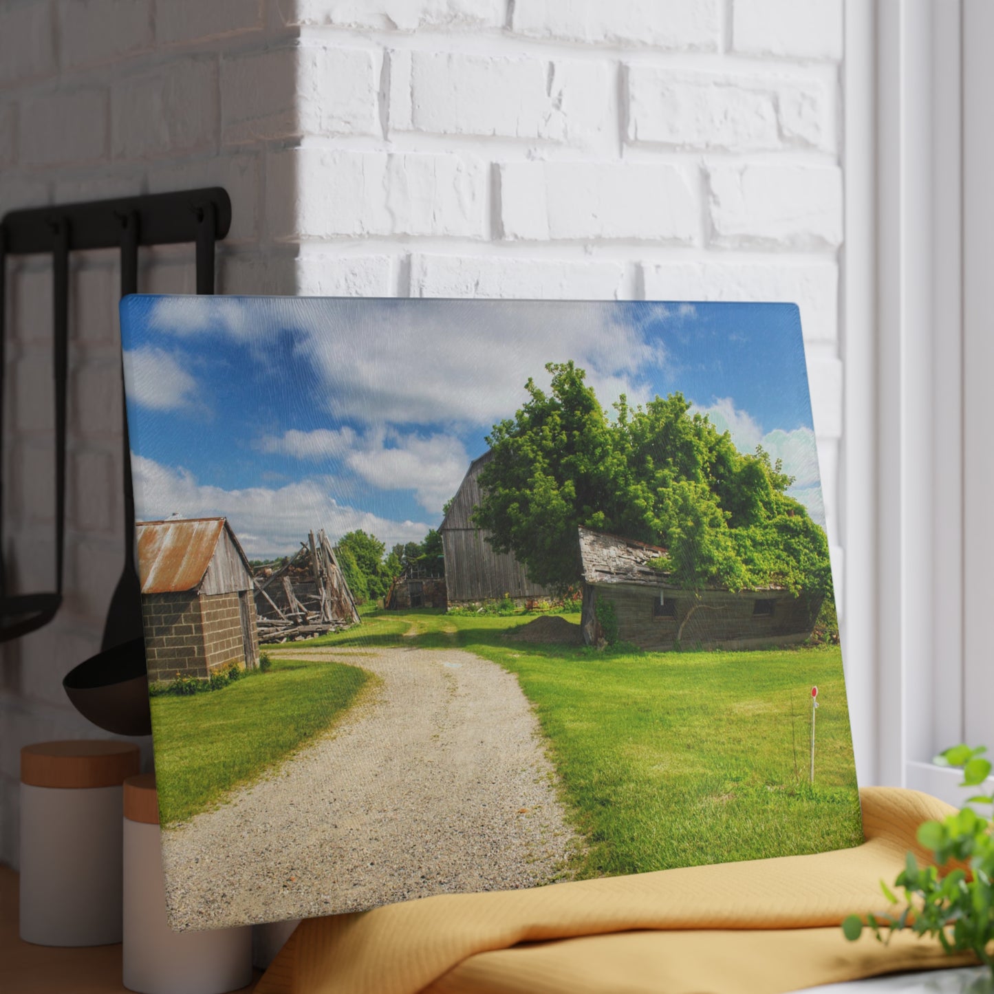 U R There Photography Brown City Road Barn and Buddy II Rustic Farmhouse Tempered-Glass Cutting Board