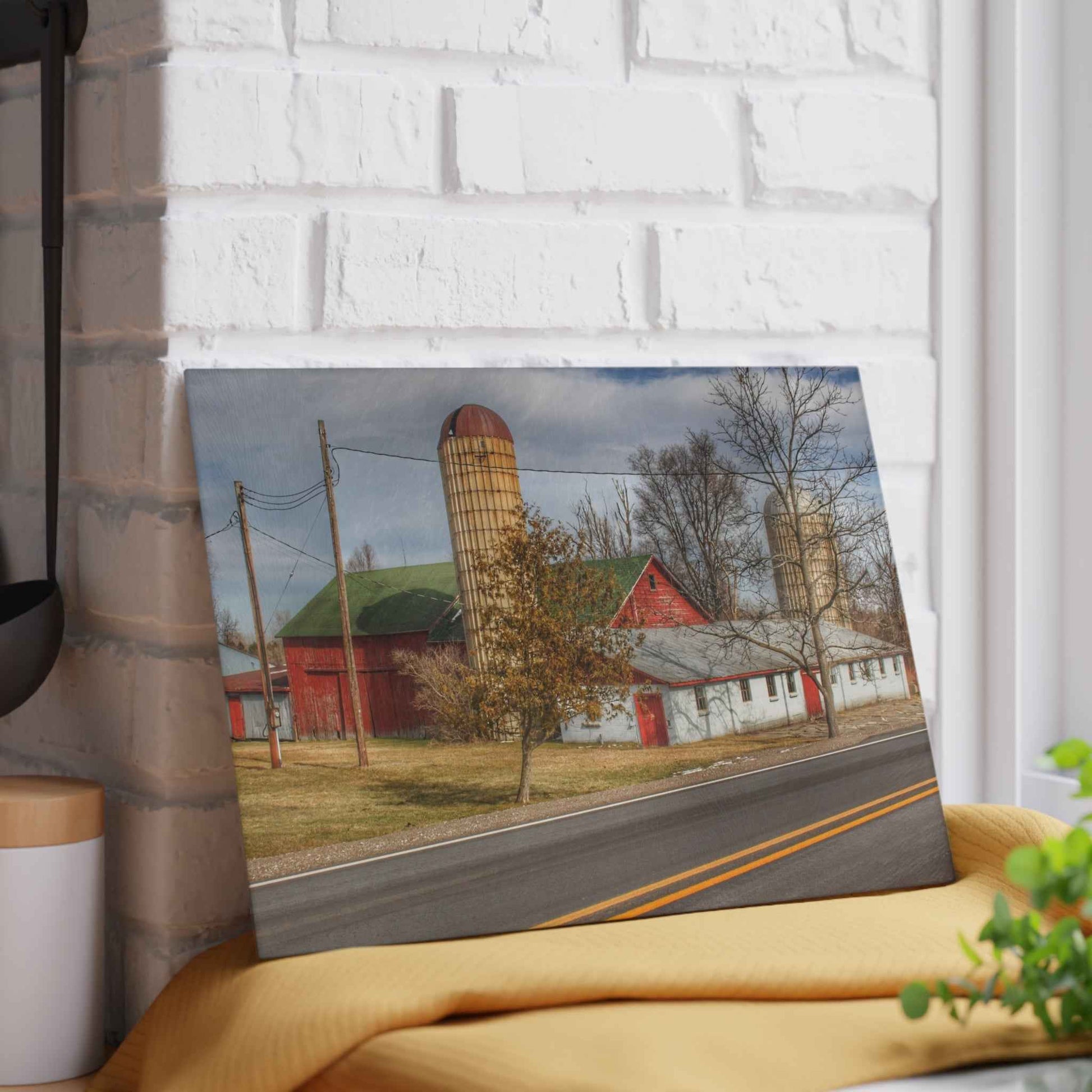 U R There Photography Newark Road Red and Silos III Rustic Farmhouse Tempered-Glass Cutting Board 8"x 11"