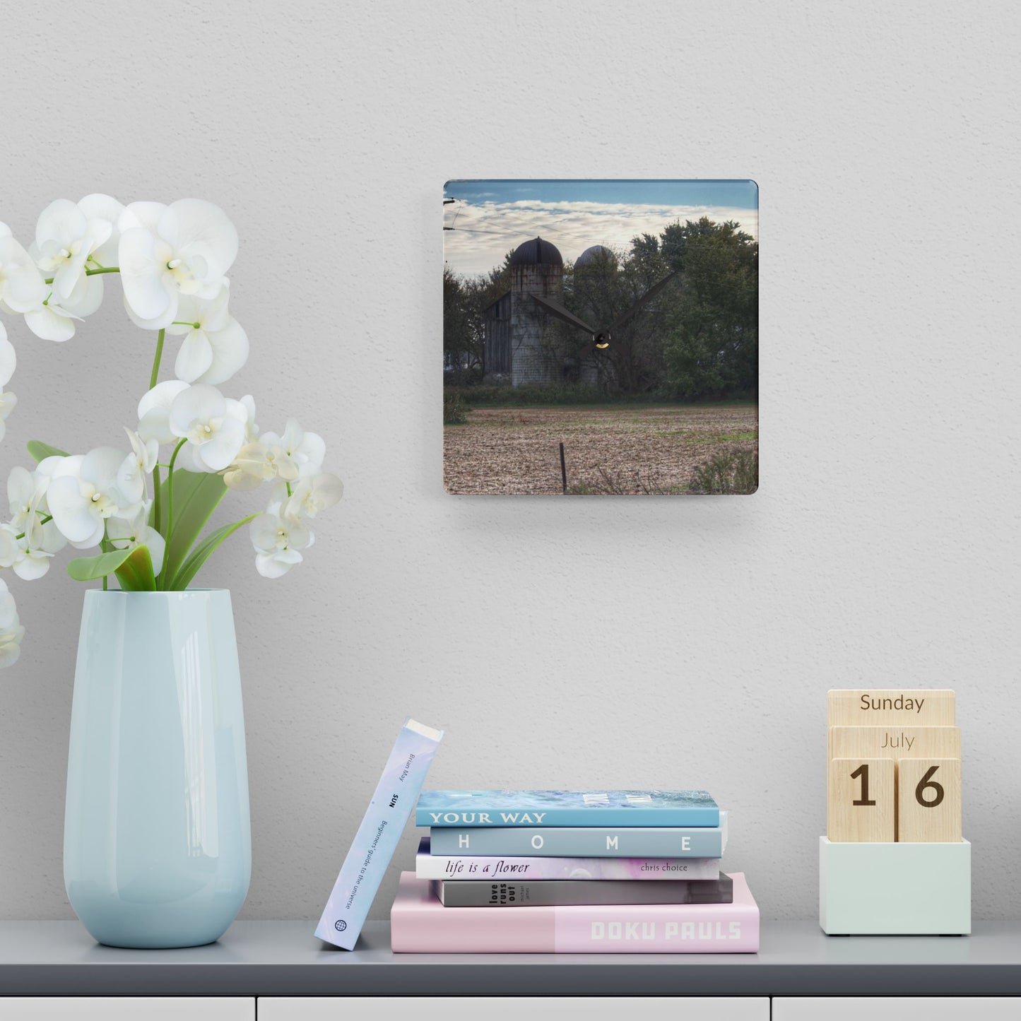 U R There Photography Burnside Road Grey I Rustic Farmhouse Acrylic Analog Wall Clock
