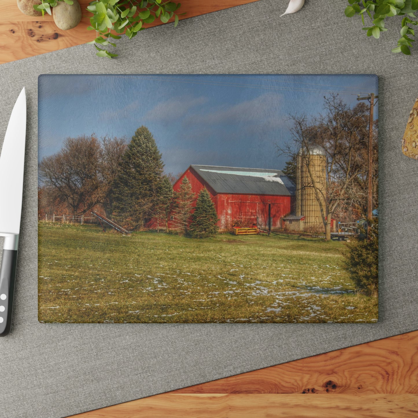 U R There Photography Columbiaville Road Red I Rustic Farmhouse Tempered-Glass Cutting Board