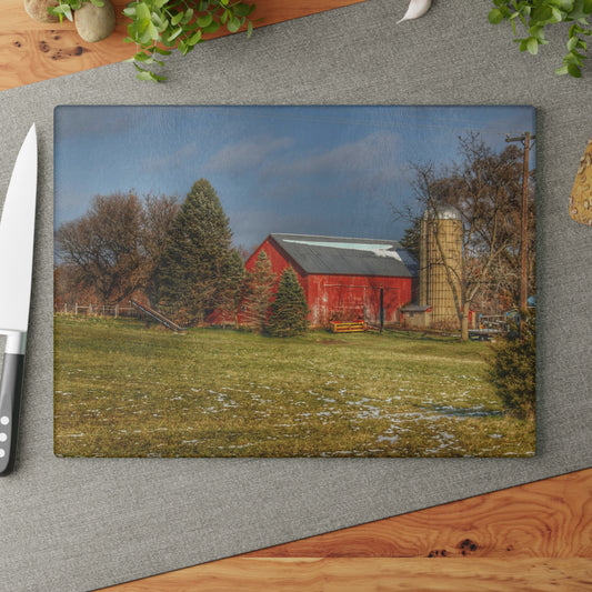 U R There Photography Columbiaville Road Red I Rustic Farmhouse Tempered-Glass Cutting Board
