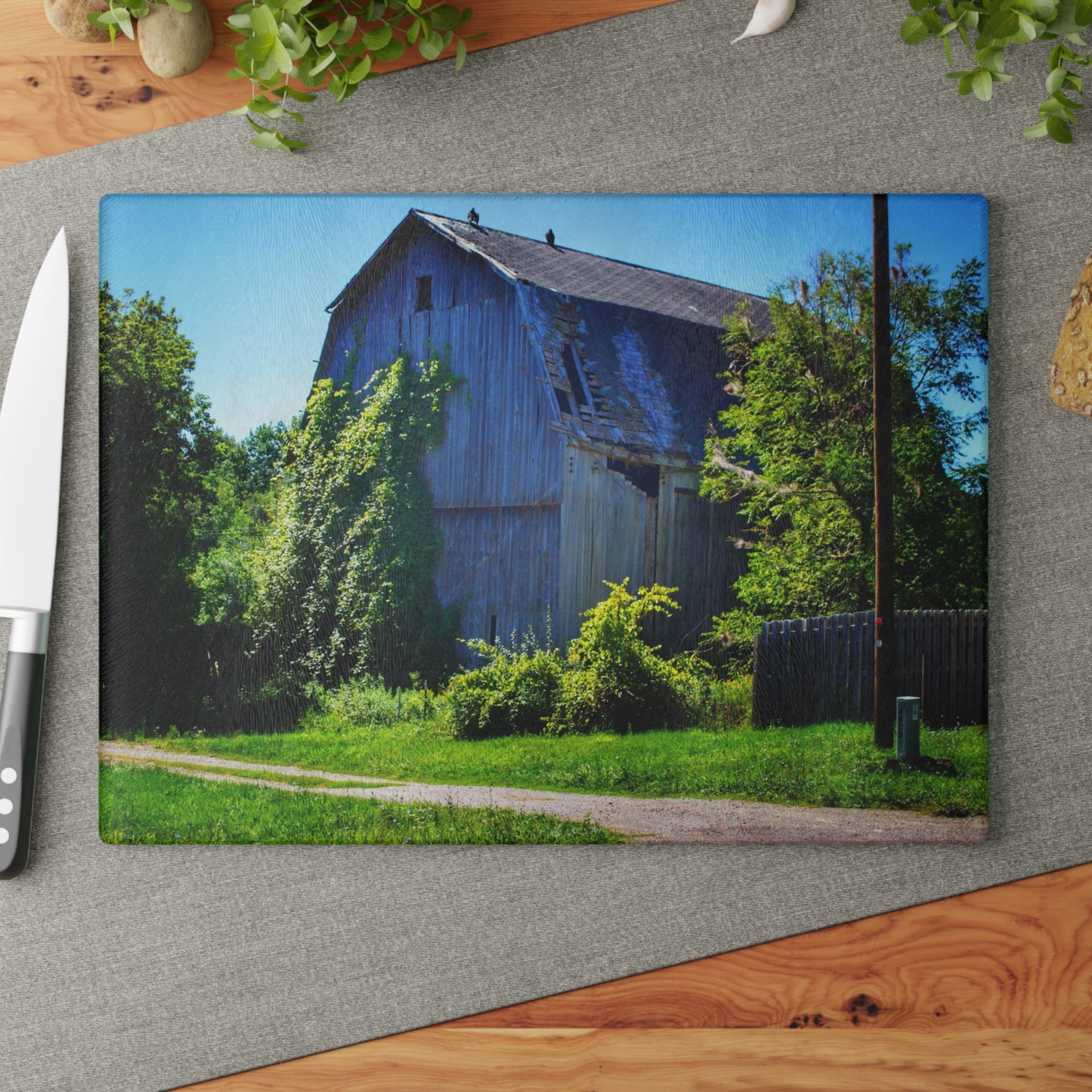 U R There Photography Dryden Road Grey Rustic Farmhouse Tempered-Glass Cutting Board