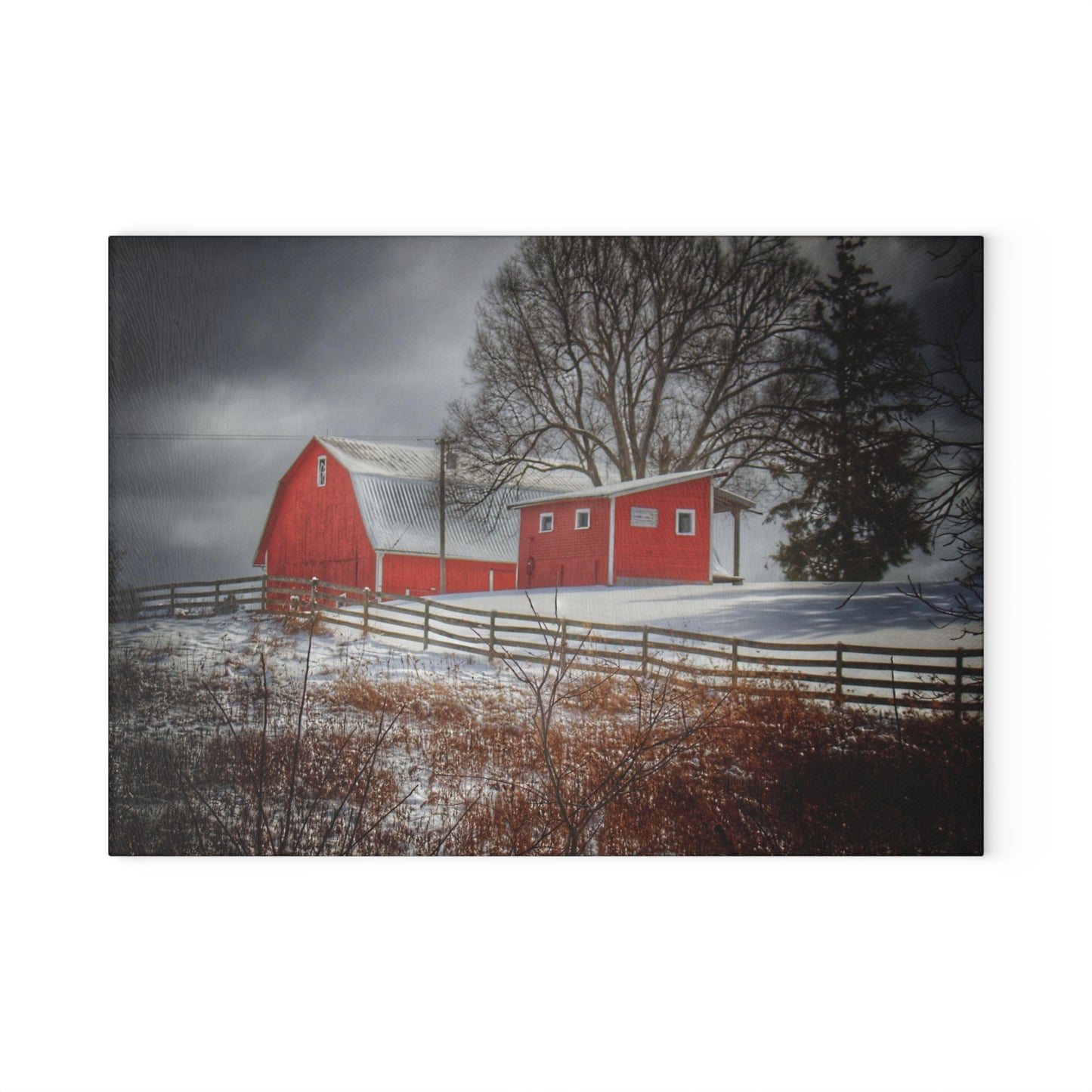 U R There Photography Catlin Red and Fence I Rustic Farmhouse Tempered-Glass Cutting Board