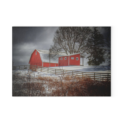 U R There Photography Catlin Red and Fence I Rustic Farmhouse Tempered-Glass Cutting Board
