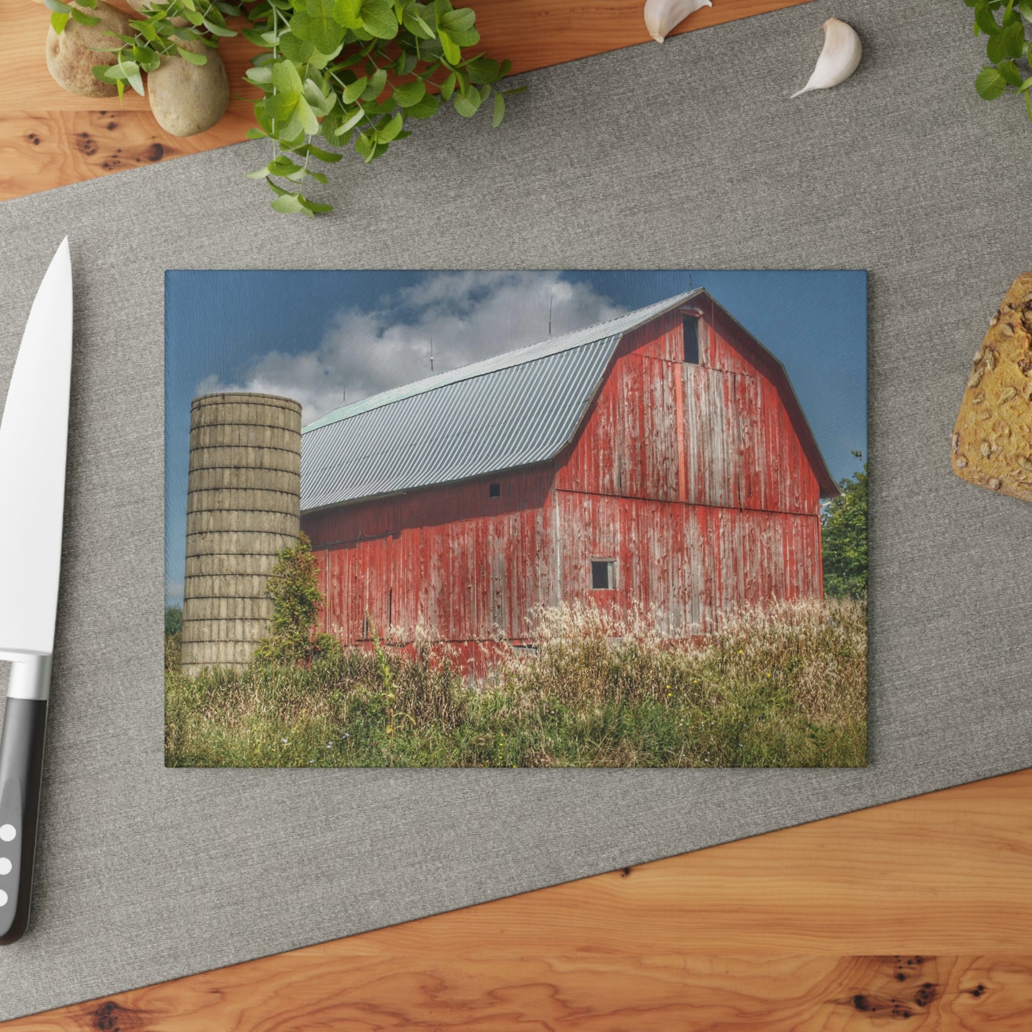 Barn Boutique Rustic Tempered-Glass Cutting Board| Columbiaville Red in Summer I