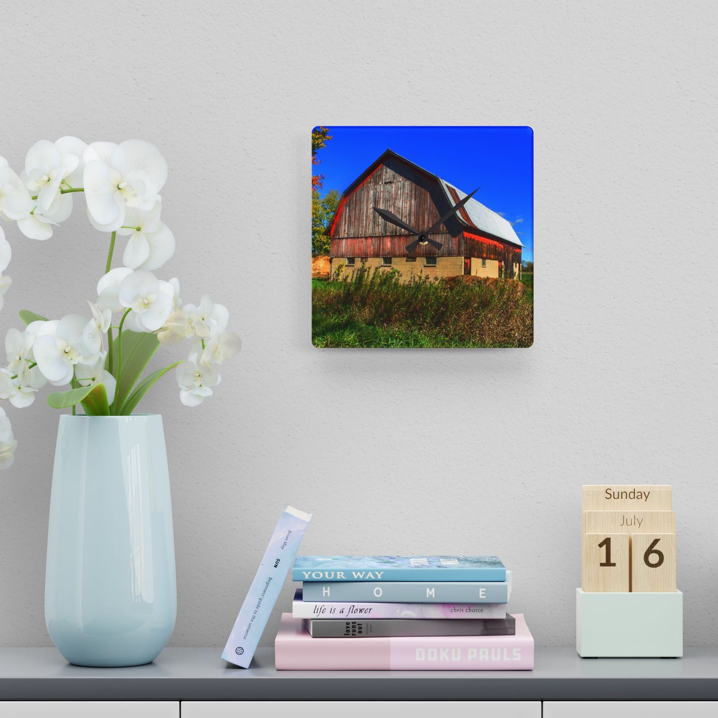 U R There Photography Byington Road Red II Rustic Farmhouse Acrylic Analog Wall Clock