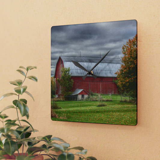 U R There Photography Columbiaville Red in Fall II Rustic Farmhouse Acrylic Analog Wall Clock