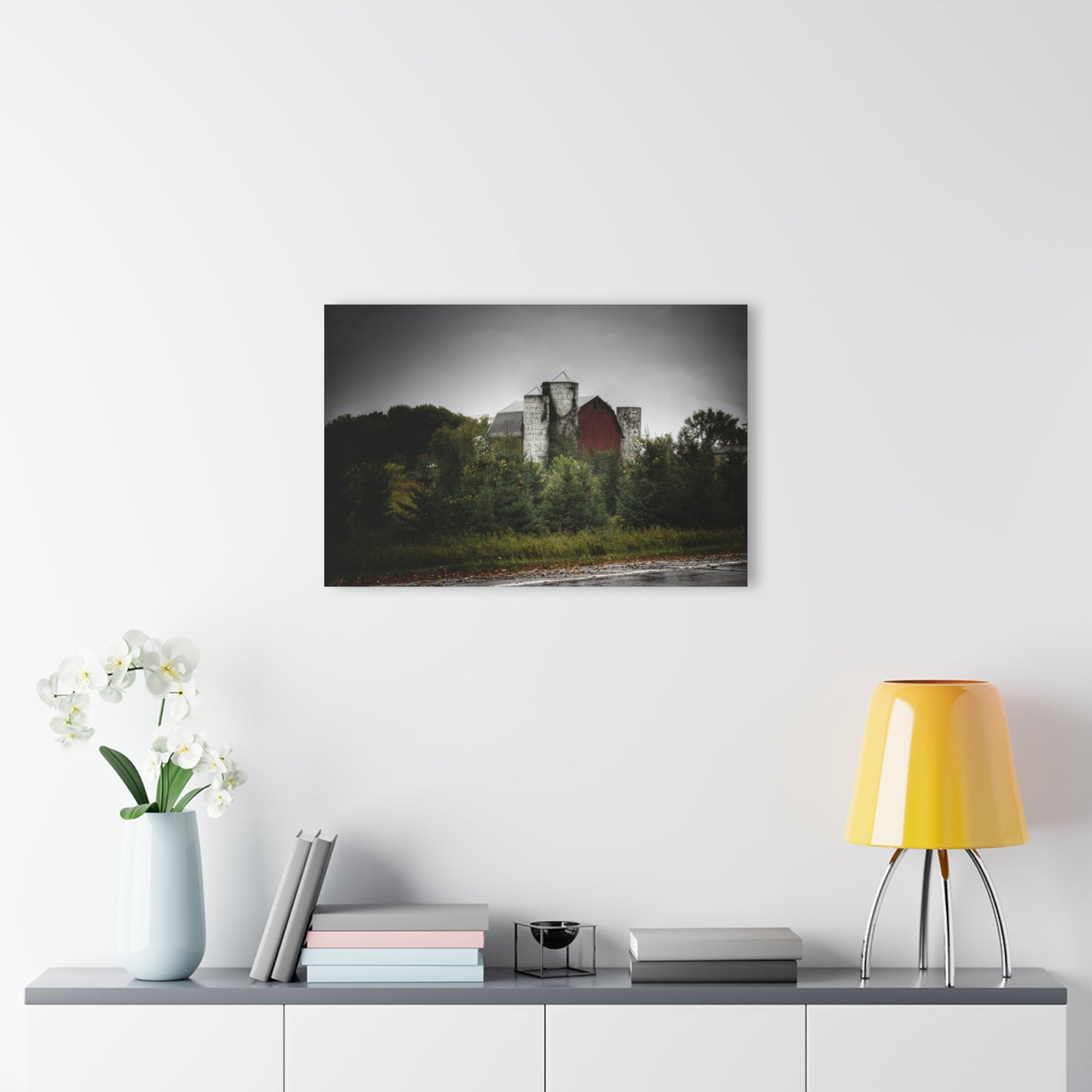 U R There Photography Castle Road Red and Silos in the Rain Rustic Farmhouse Acrylic Wall Print