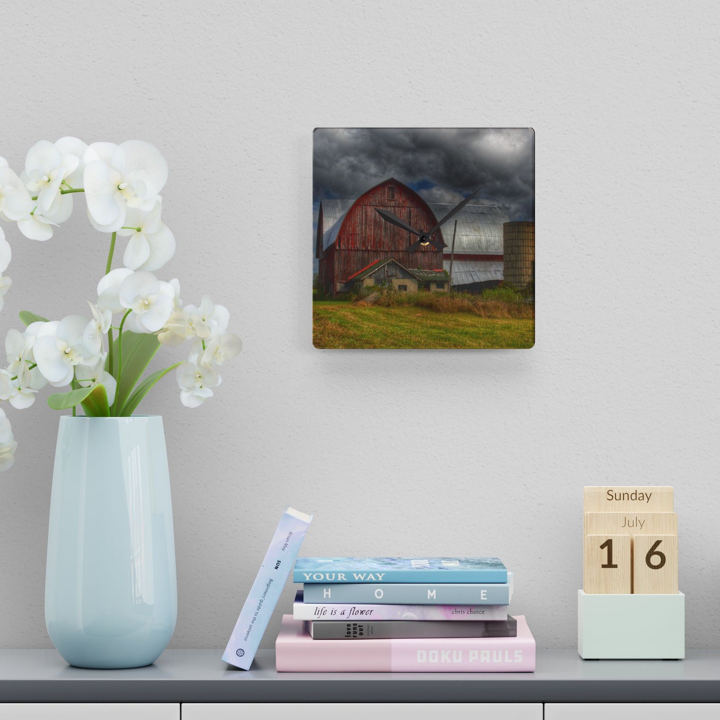 U R There Photography Valentine Road Red I Rustic Farmhouse Acrylic Analog Wall Clock
