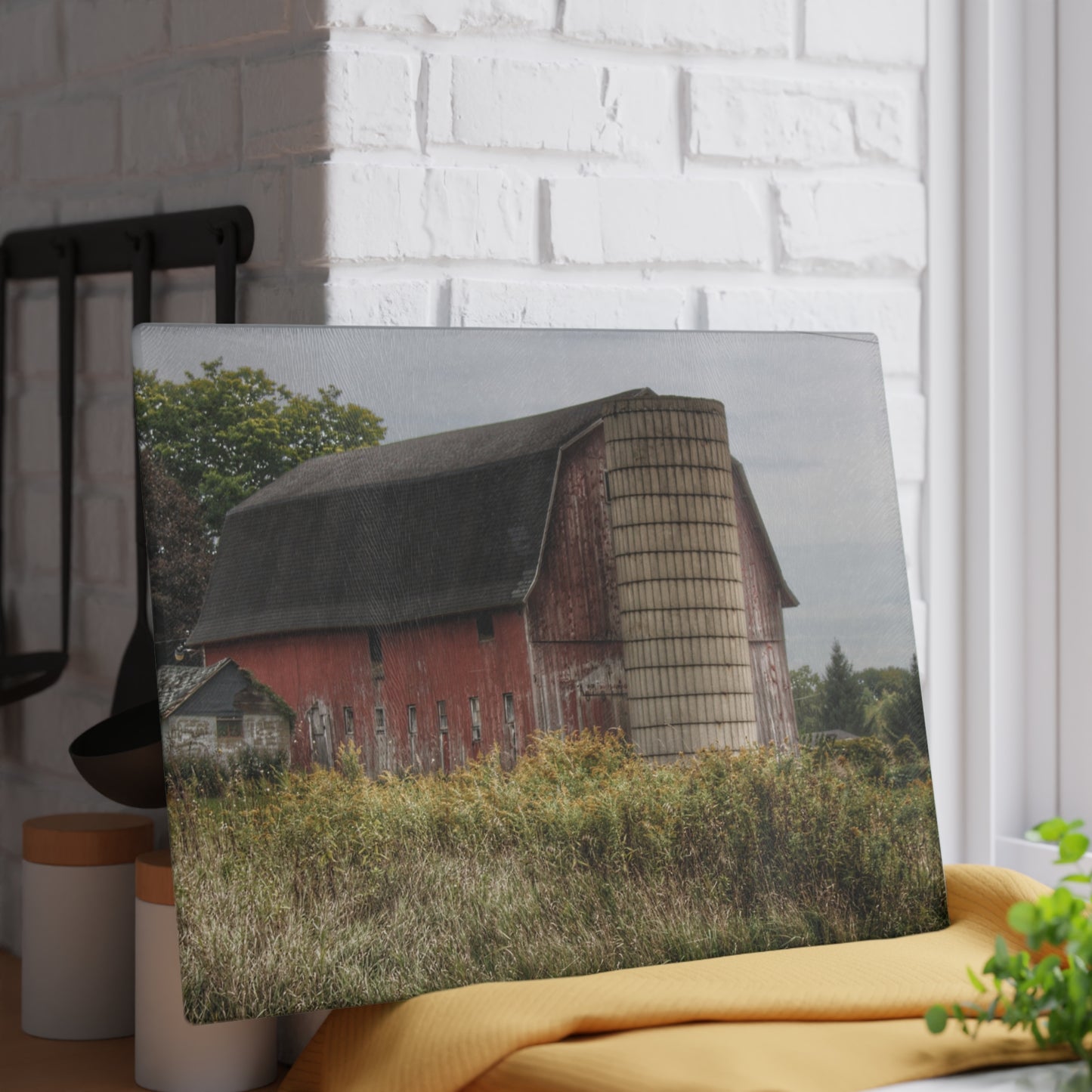 U R There Photography McDowell Road Old Red and Little White Rustic Farmhouse Tempered-Glass Cutting Board