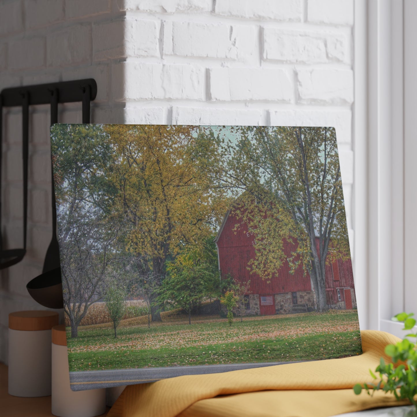 U R There Photography Mayville Lapeer Road Red in the Fall Rustic Farmhouse Tempered-Glass Cutting Board