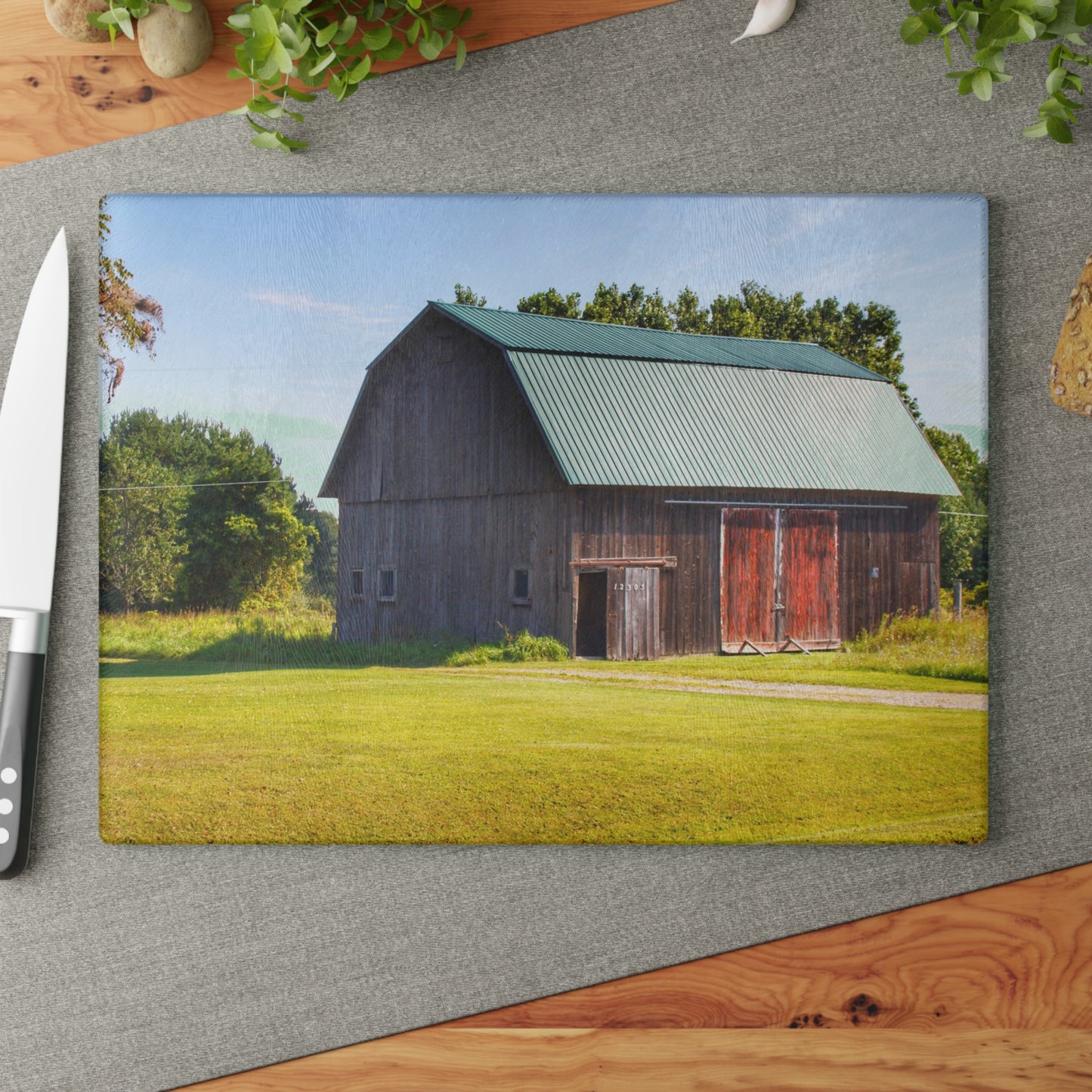 U R There Photography Red Door Barn of Mount Morris Road Rustic Farmhouse Tempered-Glass Cutting Board