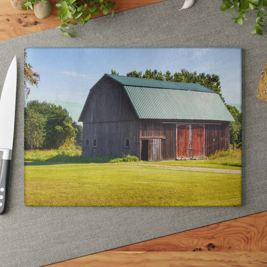 U R There Photography Red Door Barn of Mount Morris Road Rustic Farmhouse Tempered-Glass Cutting Board