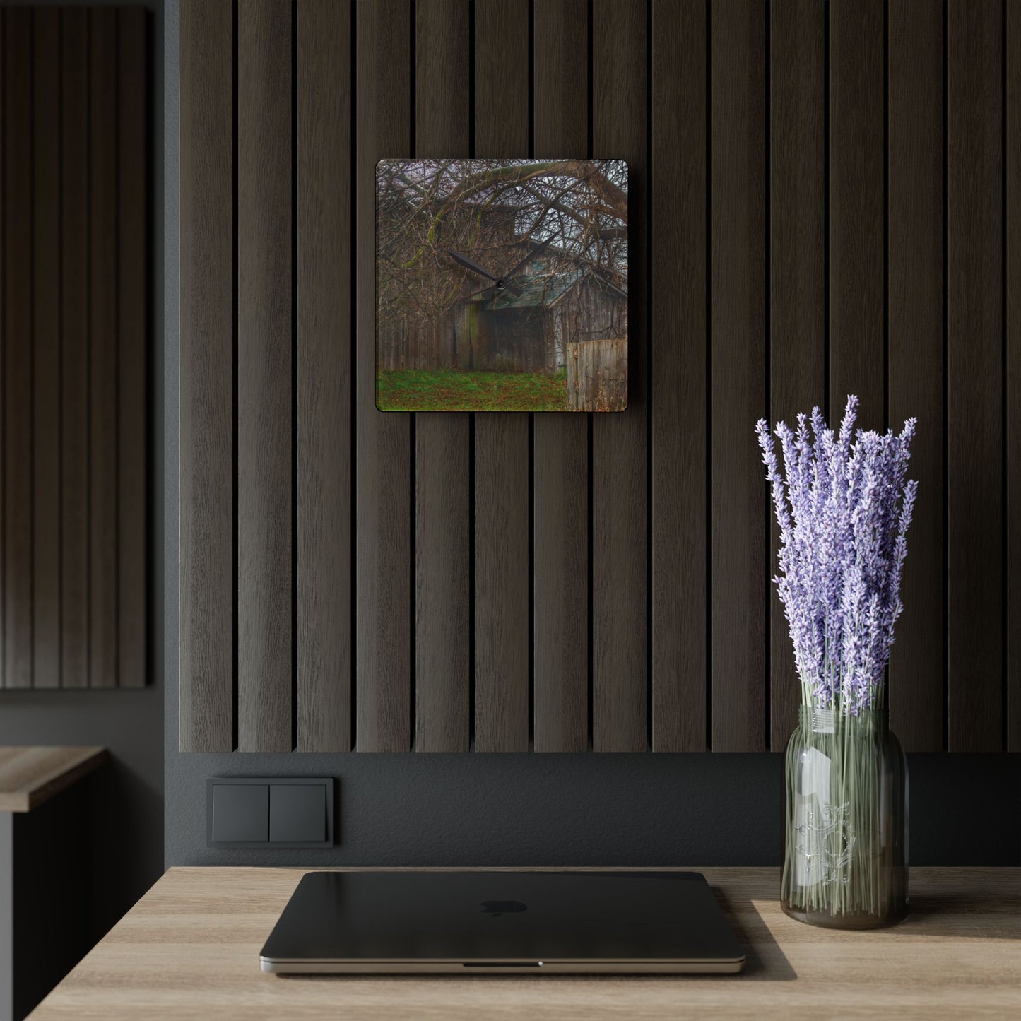 U R There Photography Bowers Road Greys III Rustic Farmhouse Acrylic Analog Wall Clock