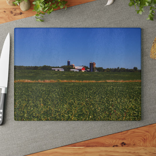 U R There Photography Otter Lake Road Farm Across the Field Rustic Farmhouse Tempered-Glass Cutting Board