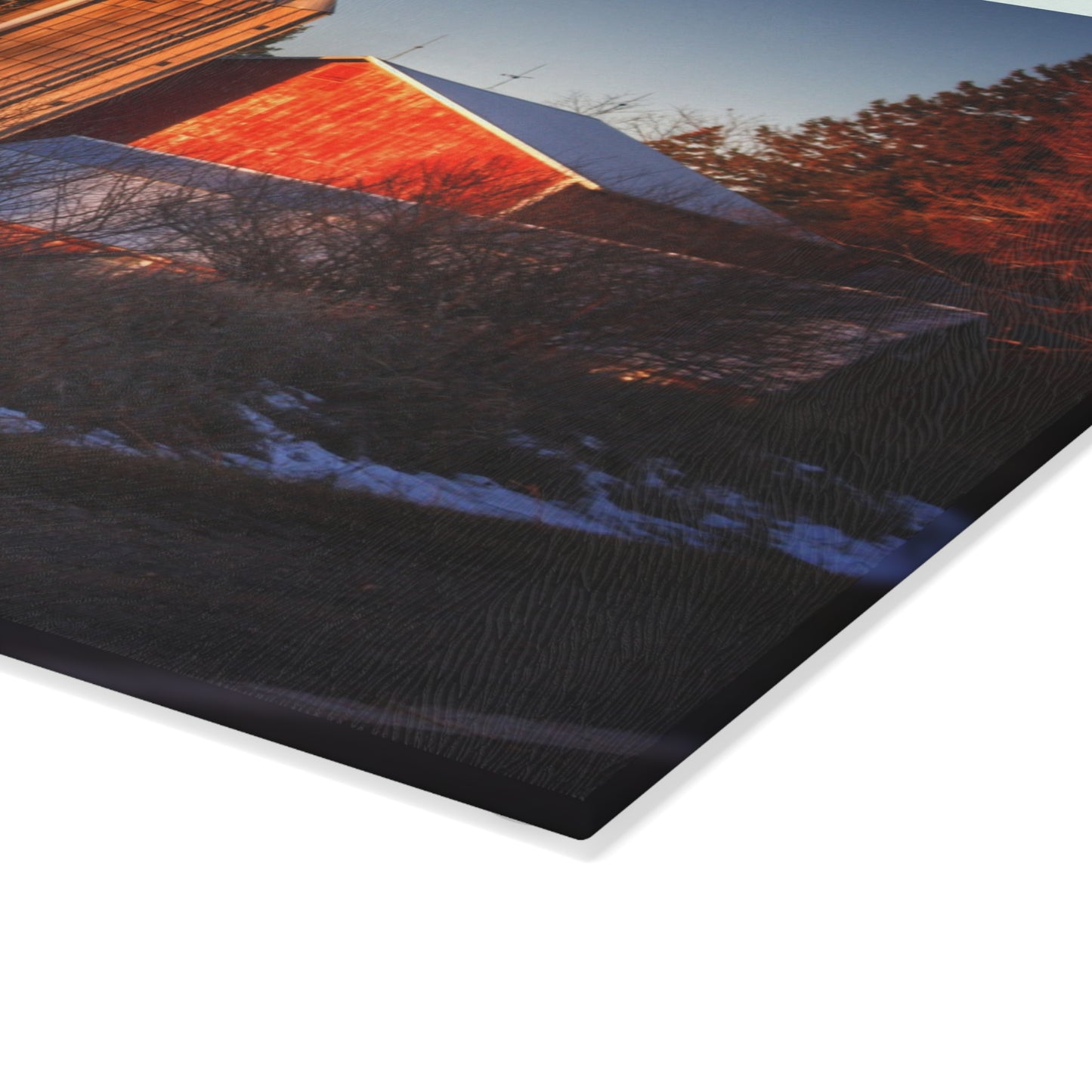 U R There Photography Mount Morris Road Reds and Silo in Winter Rustic Farmhouse Tempered-Glass Cutting Board