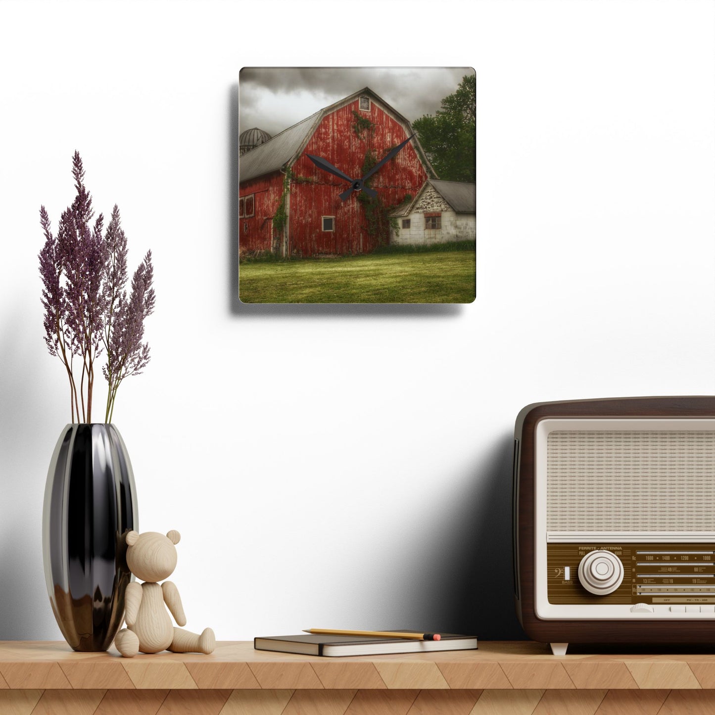 U R There Photography Stanley Road Red I Rustic Farmhouse Acrylic Analog Wall Clock