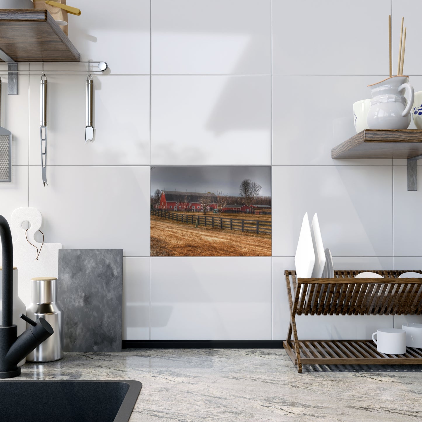 U R There Photography Barber Road Farm II Rustic Farmhouse Decorative Ceramic Tile 6" × 8" Glossy