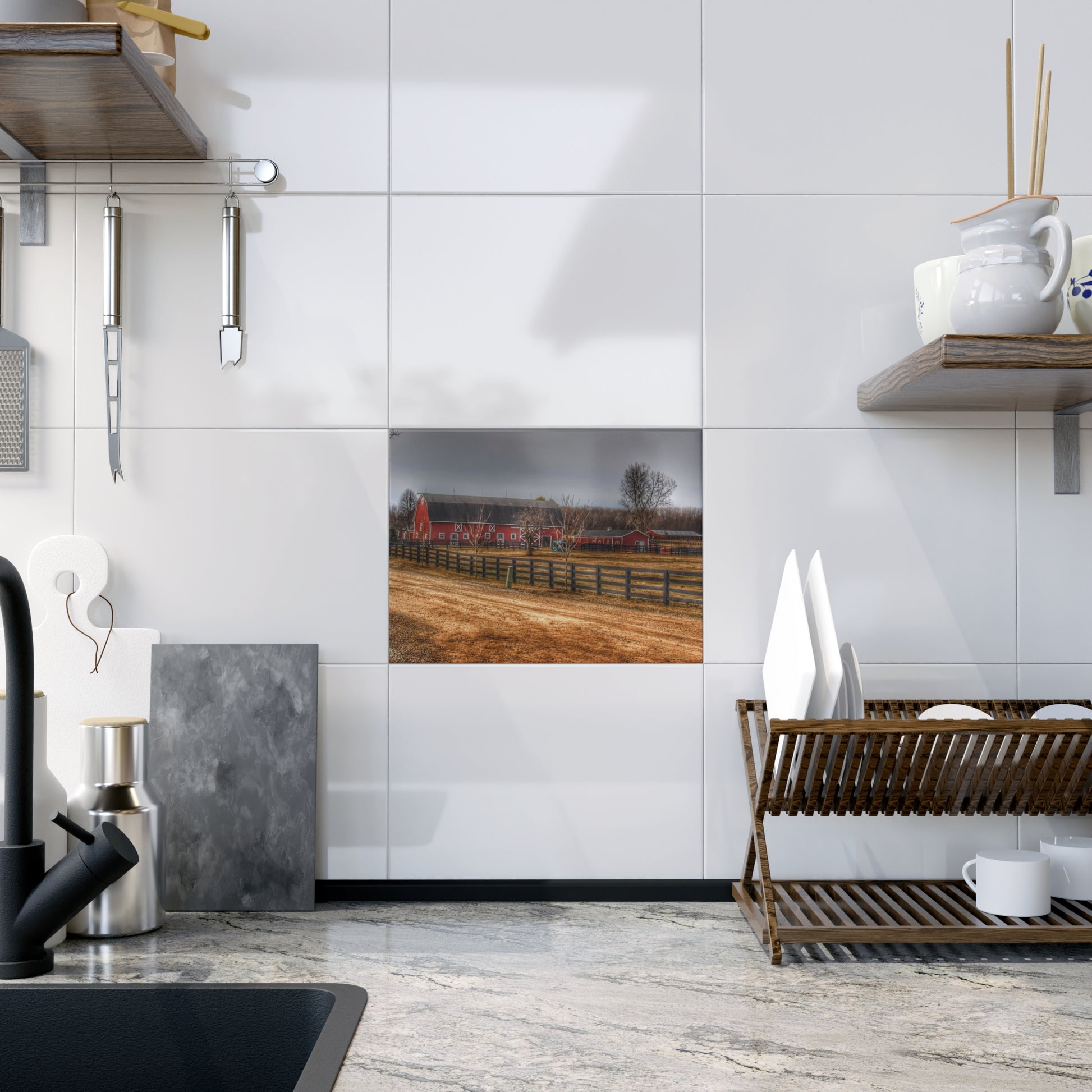 U R There Photography Barber Road Farm II Rustic Farmhouse Decorative Ceramic Tile 6" × 8" Glossy