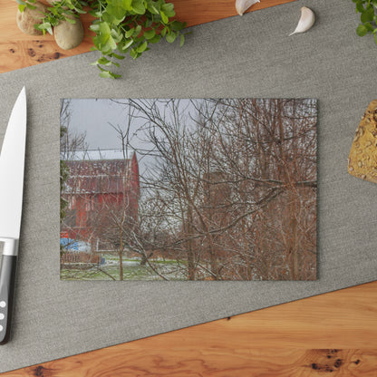 U R There Photography Hough Road Hidden Winter Red I Rustic Farmhouse Tempered-Glass Cutting Board