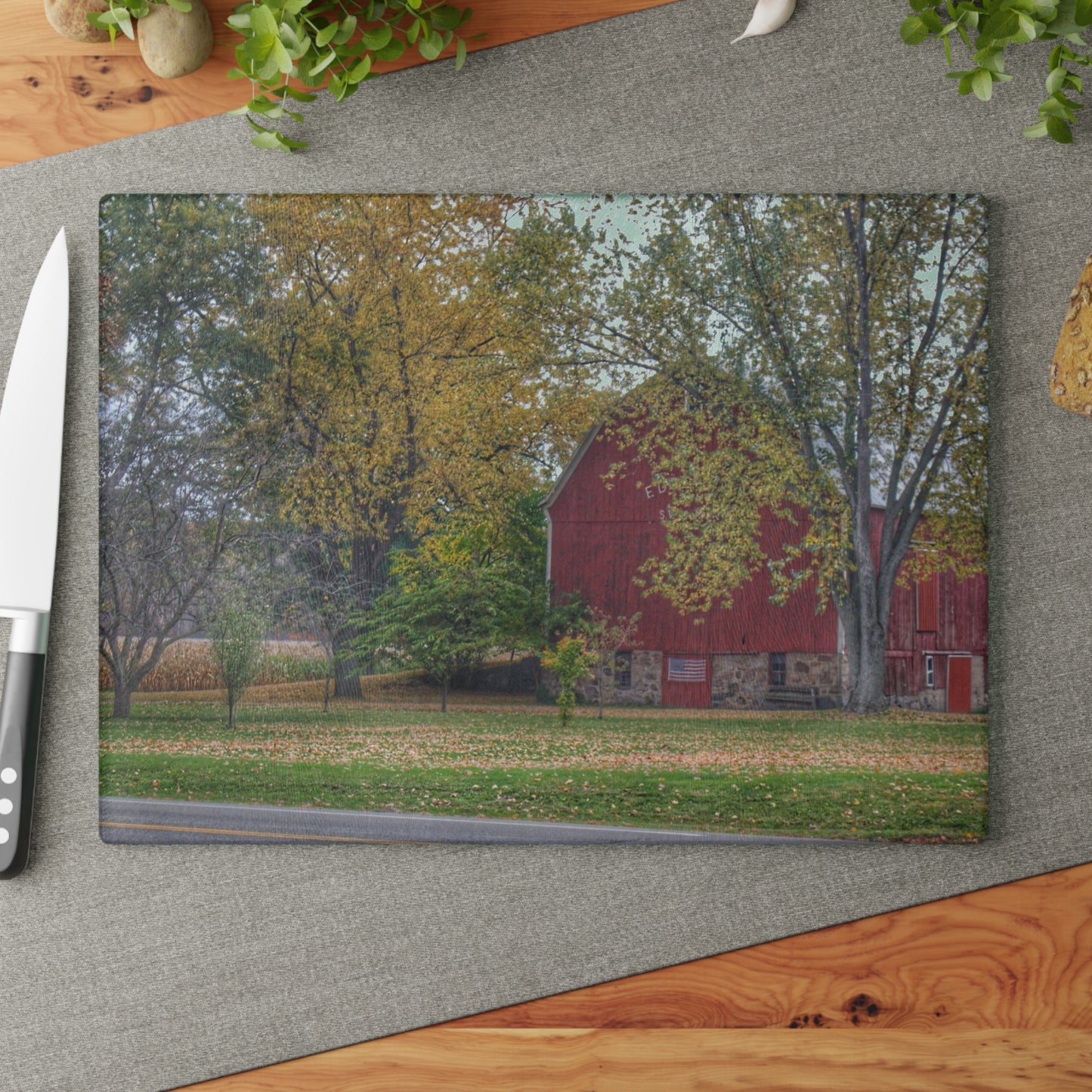 U R There Photography Mayville Lapeer Road Red in the Fall Rustic Farmhouse Tempered-Glass Cutting Board