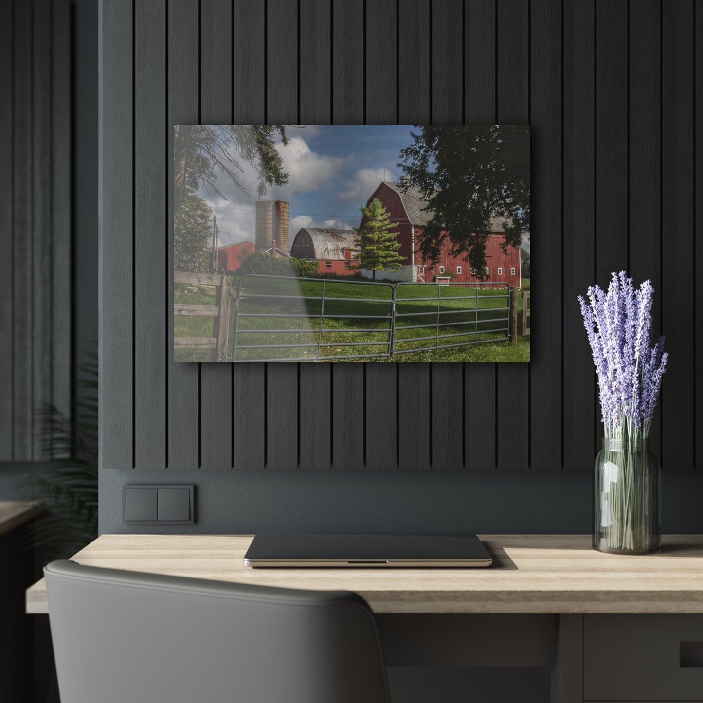 U R There Photography Hough Road Reds and Silo I Rustic Farmhouse Acrylic Wall Print