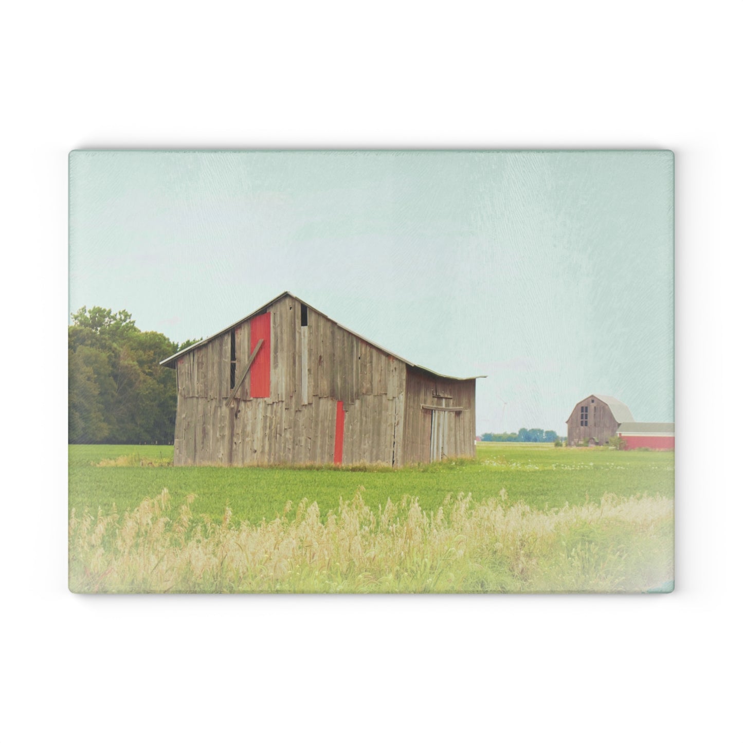 U R There Photography Square Barn with Barn in the Distance Rustic Farmhouse Tempered-Glass Cutting Board