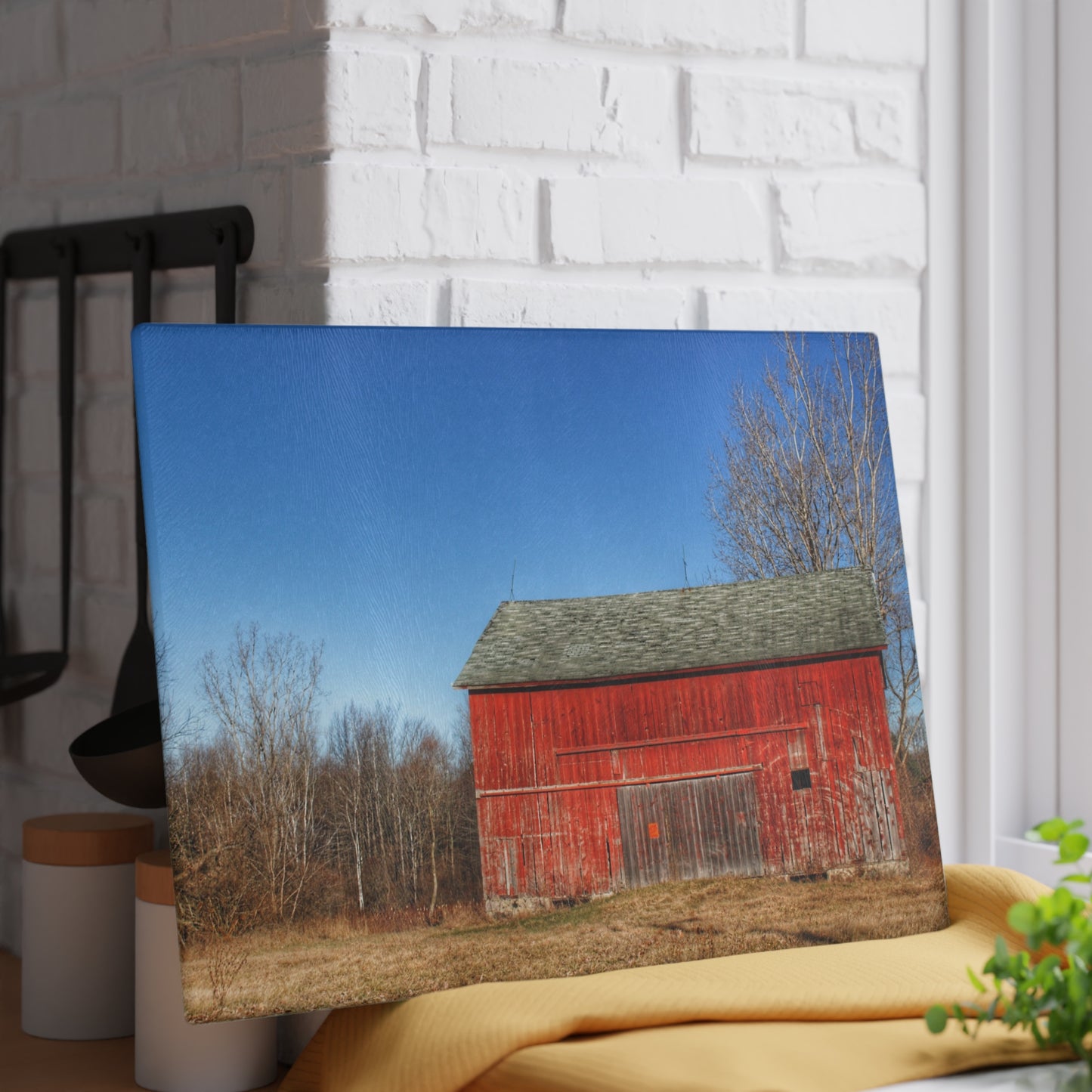 U R There Photography Vernor Road Red Rustic Farmhouse Tempered-Glass Cutting Board