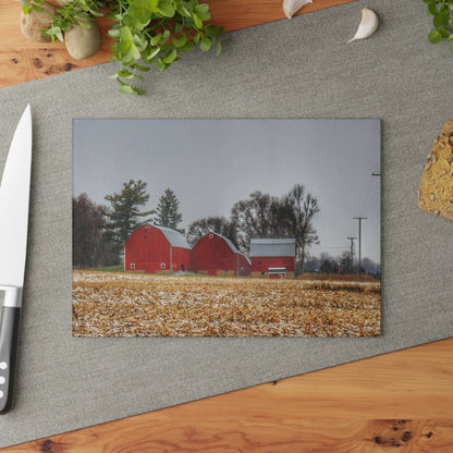 U R There Photography Shoemaker Road Winter Reds II Rustic Farmhouse Tempered-Glass Cutting Board