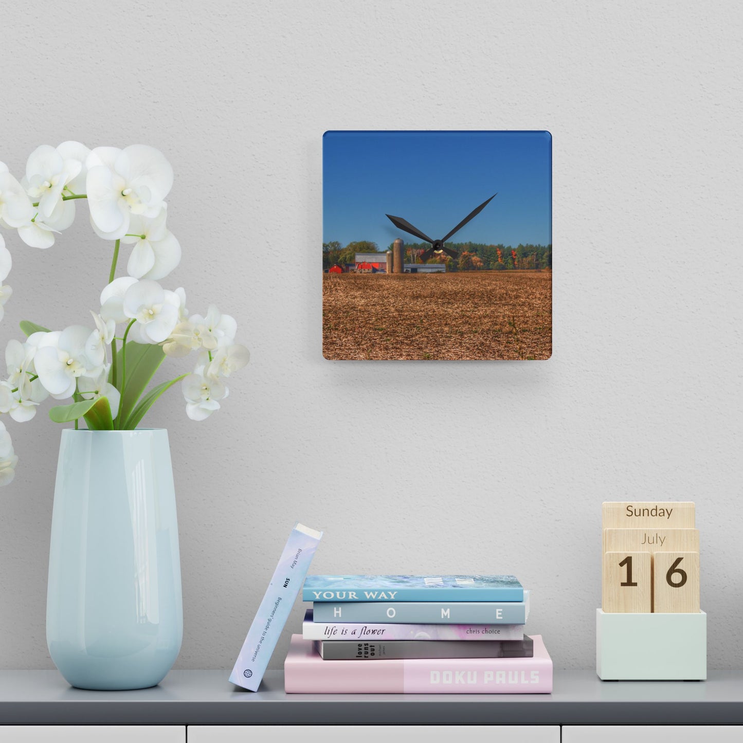 U R There Photography Rowe Road Farm Across the Field Rustic Farmhouse Acrylic Analog Wall Clock