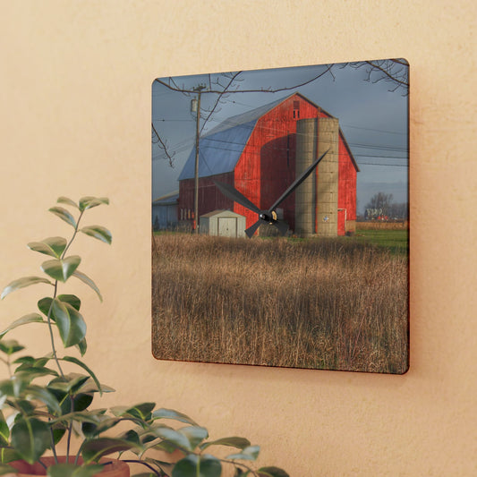 U R There Photography Harrington Road Red and Silo Rustic Farmhouse Acrylic Analog Wall Clock