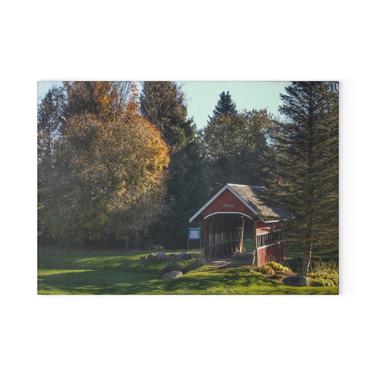 U R There Photography Hadley Covered Bridge II Rustic Farmhouse Tempered-Glass Cutting Board