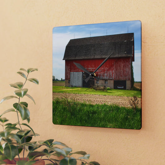 U R There Photography Unionville Elmwood Road Red II Rustic Farmhouse Acrylic Analog Wall Clock