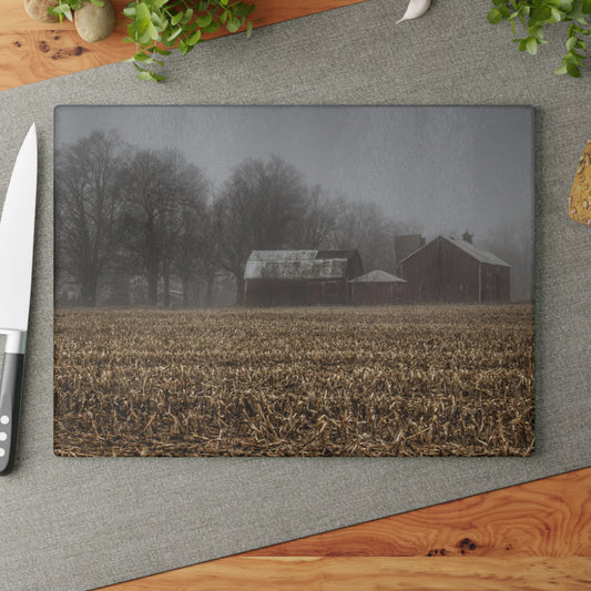 U R There Photography Farm in the Fog on Barnes Road Rustic Farmhouse Tempered-Glass Cutting Board