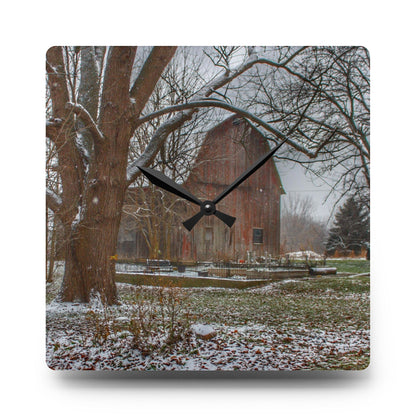 U R There Photography Bishop Road Winter Red Rustic Farmhouse Acrylic Analog Wall Clock