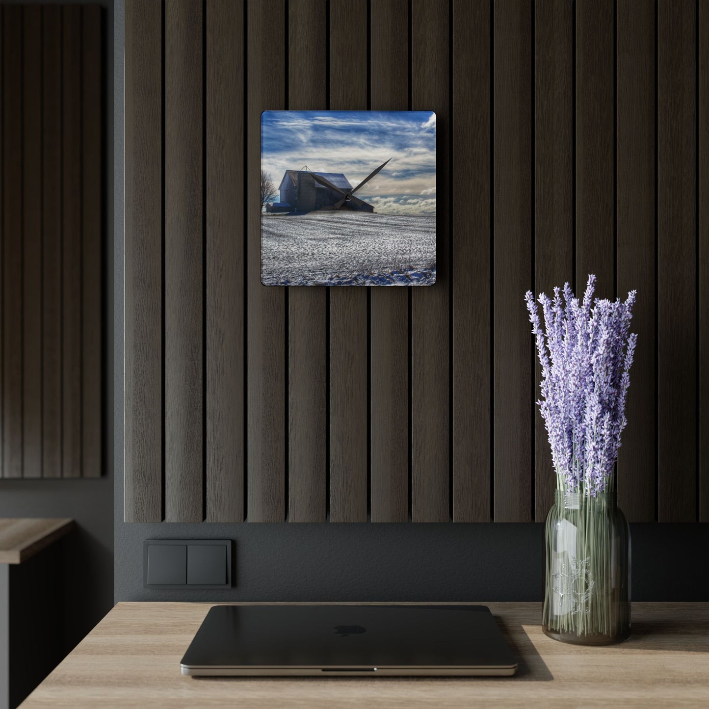 U R There Photography Early Spring Grey I Rustic Farmhouse Acrylic Analog Wall Clock
