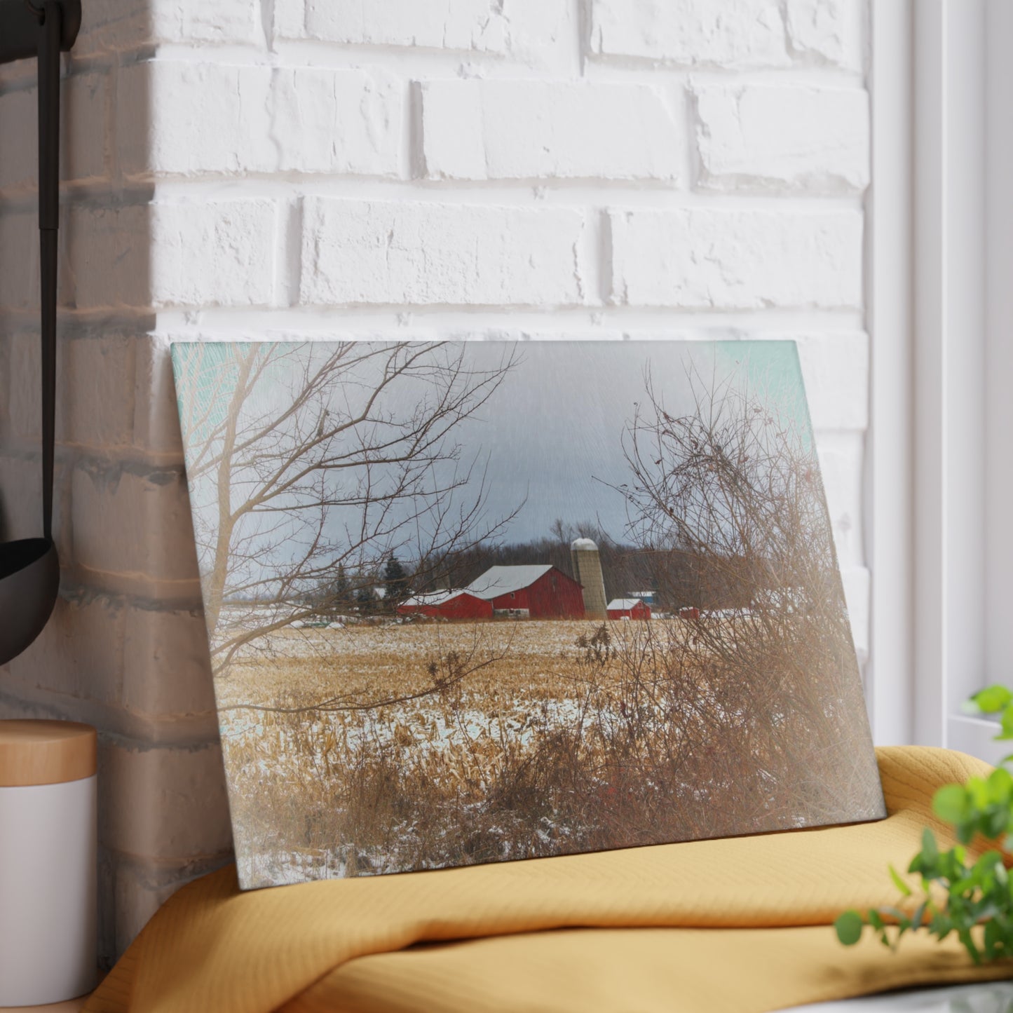 U R There Photography Brook Road Red in Winter Rustic Farmhouse Tempered-Glass Cutting Board