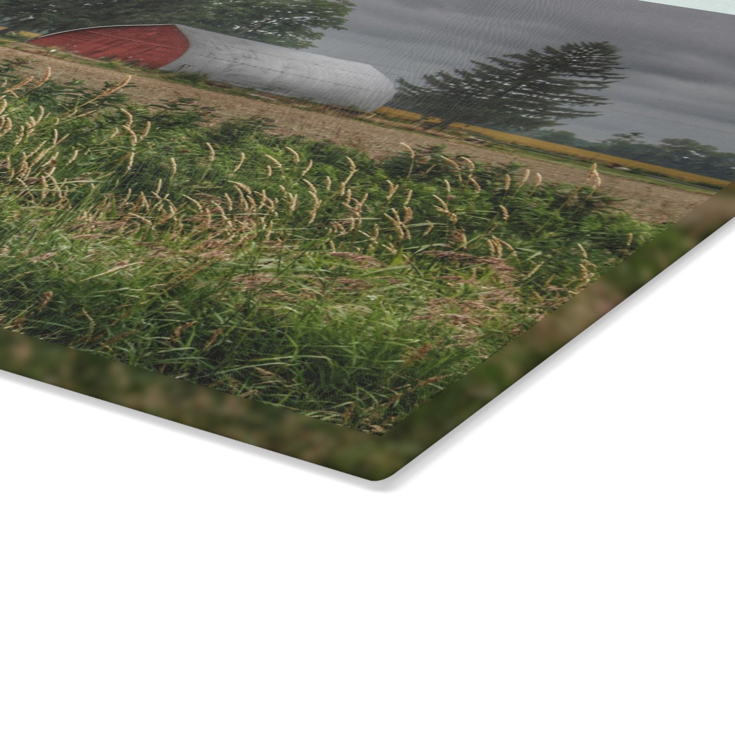 U R There Photography Mayville Road Red Quonset Rustic Farmhouse Tempered-Glass Cutting Board