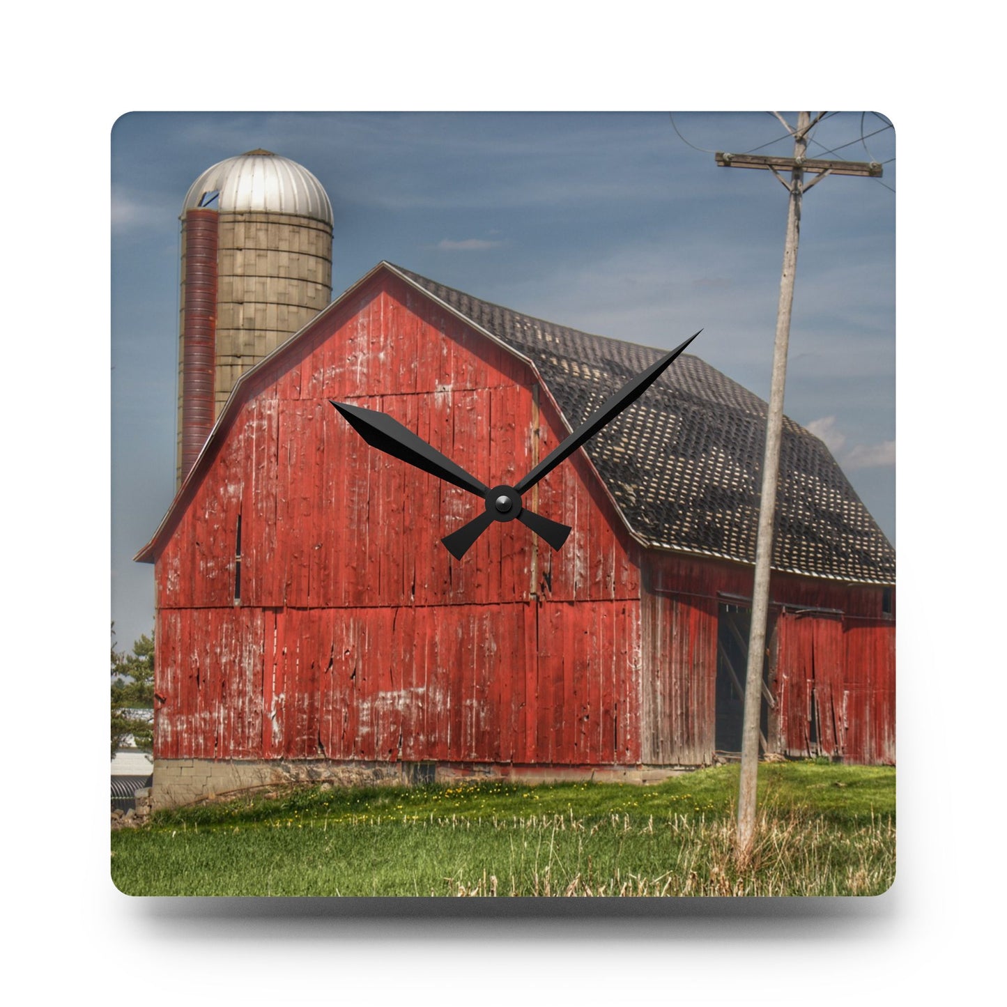U R There Photography Hollenbeck Road Red II Rustic Farmhouse Acrylic Analog Wall Clock