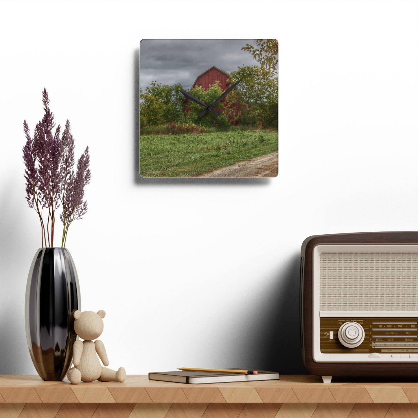 U R There Photography Bristol Road Hidden Red Rustic Farmhouse Acrylic Analog Wall Clock