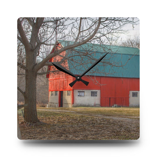 U R There Photography Wilson Road Red and Silo I Rustic Farmhouse Acrylic Analog Wall Clock 10.75'' × 10.75'' (Square)
