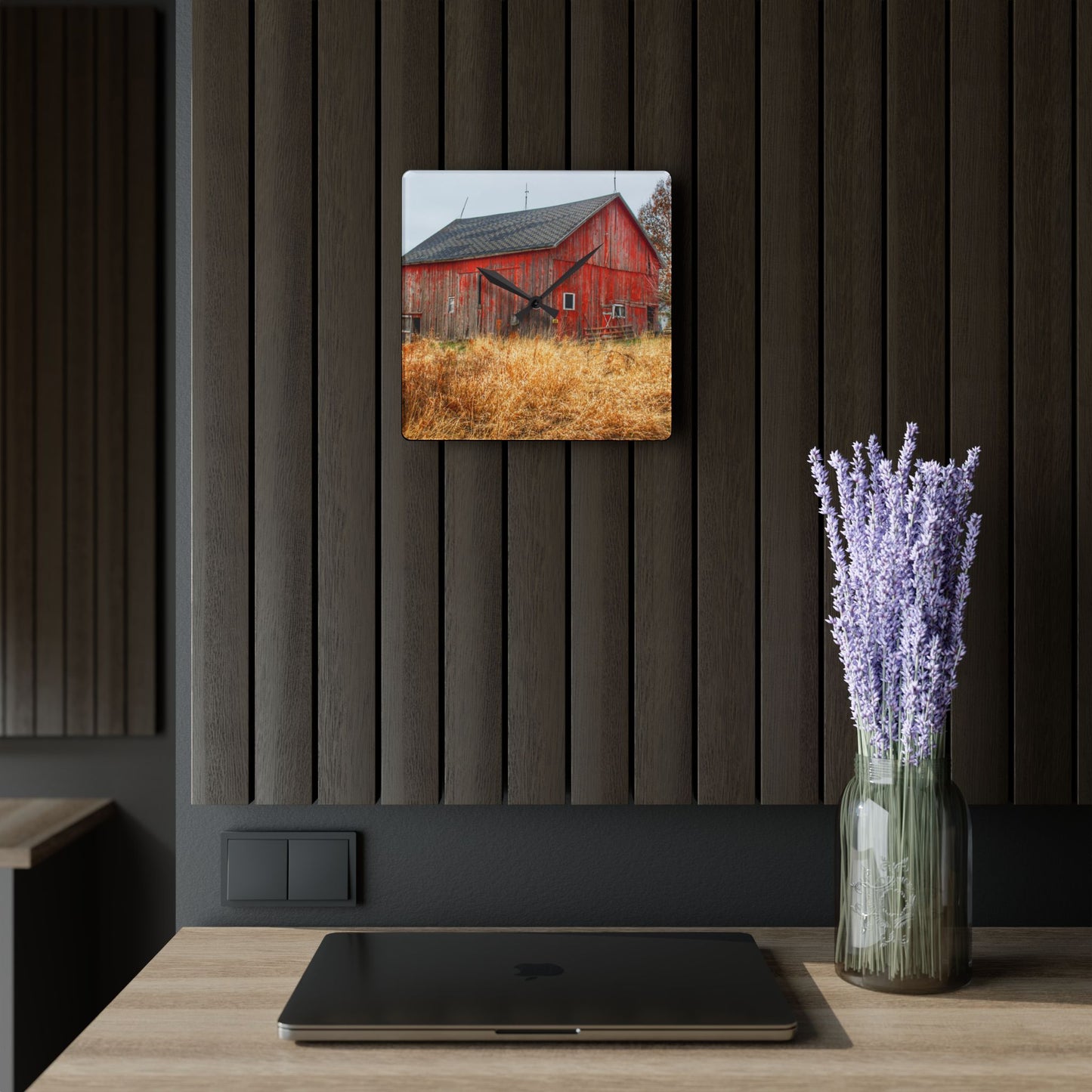 U R There Photography Harrington Road Red Rustic Farmhouse Acrylic Analog Wall Clock