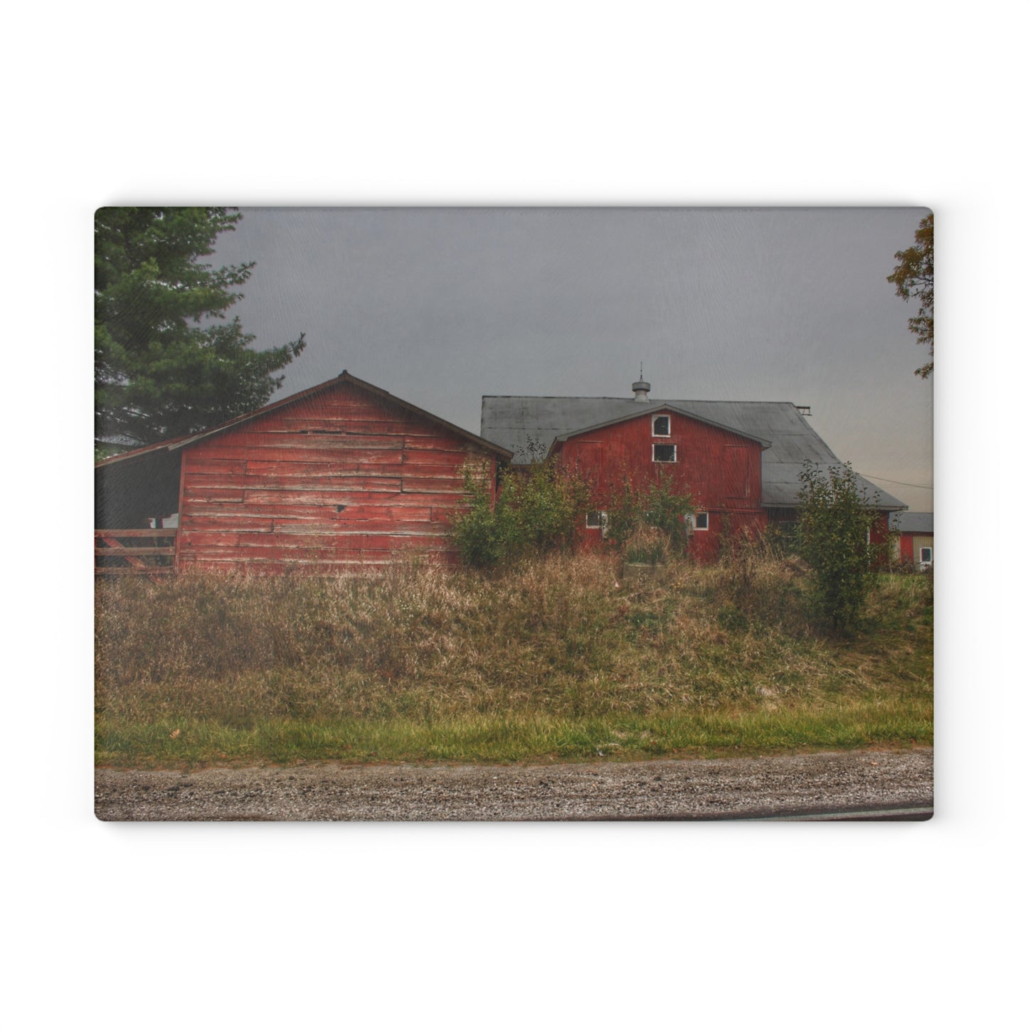 U R There Photography Goodrich Baldwin Road Reds I Rustic Farmhouse Tempered-Glass Cutting Board