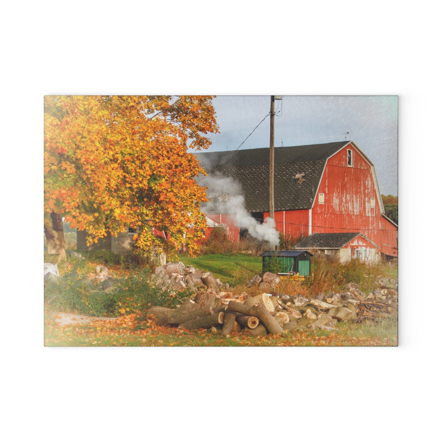 U R There Photography Greenwood Road Red in the Fall Rustic Farmhouse Tempered-Glass Cutting Board