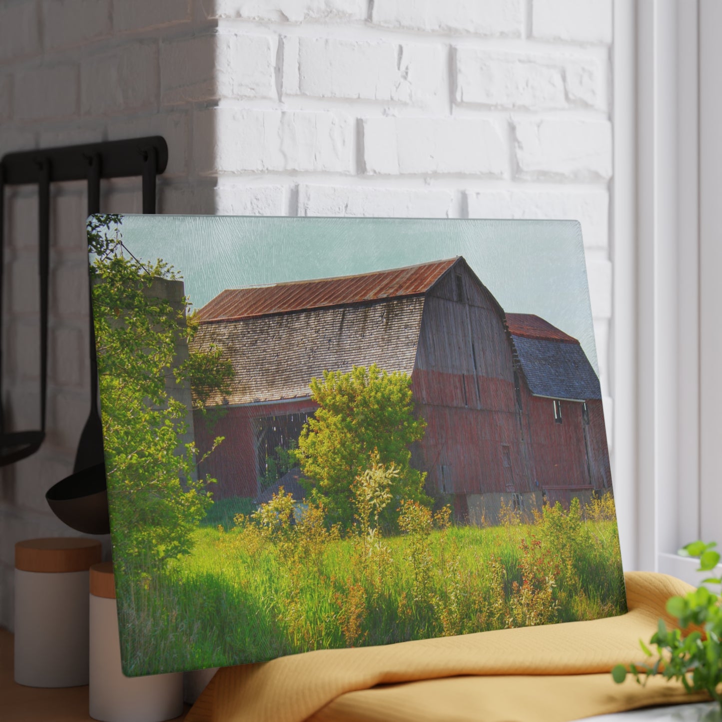 U R There Photography Leslie Road Red II Rustic Farmhouse Tempered-Glass Cutting Board