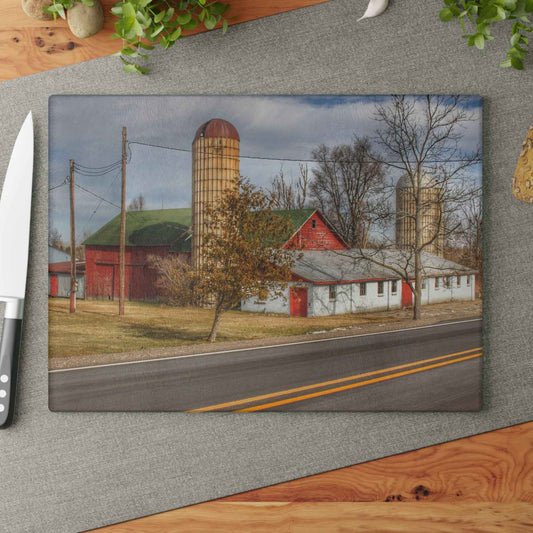 U R There Photography Newark Road Red and Silos III Rustic Farmhouse Tempered-Glass Cutting Board 8"x 11"