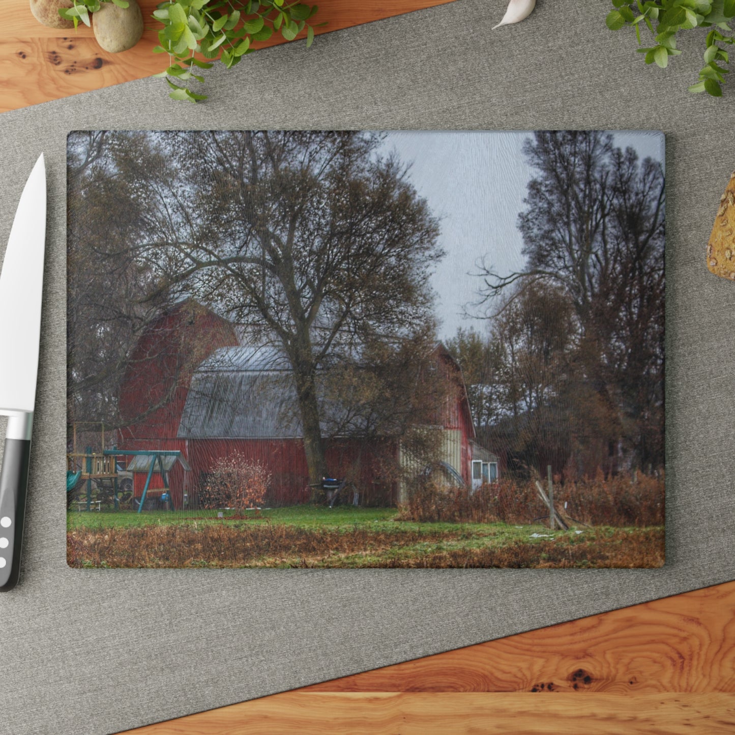U R There Photography Dryden Road Reds Rustic Farmhouse Tempered-Glass Cutting Board