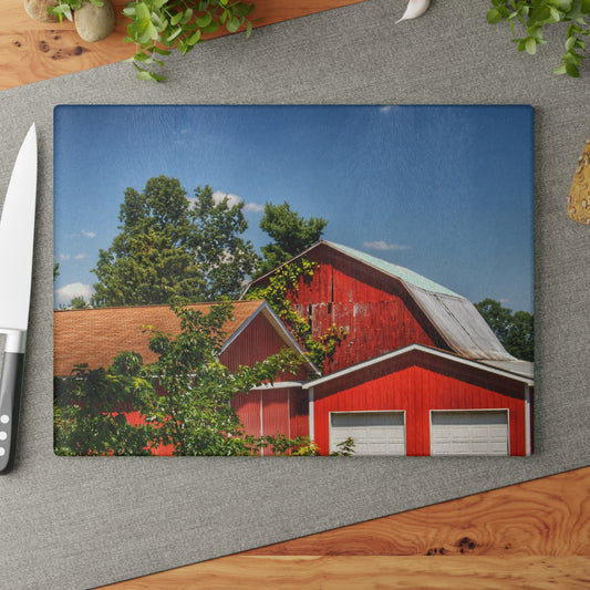 U R There Photography McKeen Lake Road Reds I Rustic Farmhouse Tempered-Glass Cutting Board