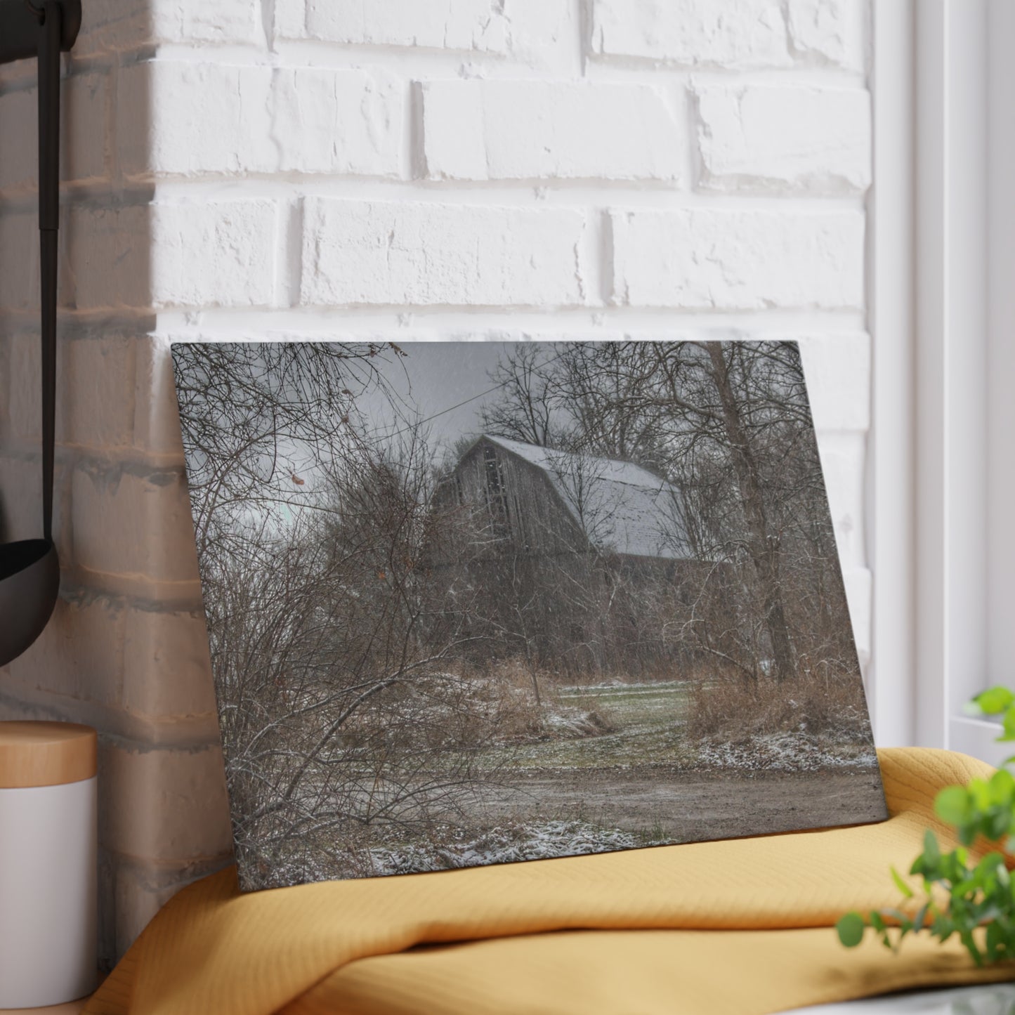 U R There Photography Bishop Road Winter Grey Rustic Farmhouse Tempered-Glass Cutting Board